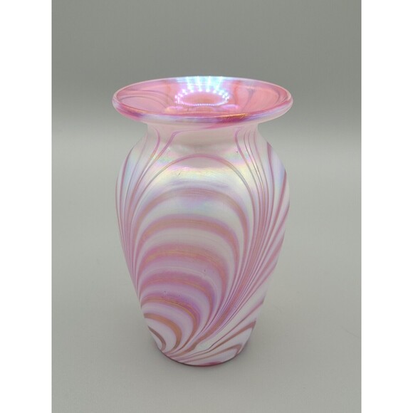 Art Glass Handblown Pink Iridescent White Swirl Bud Vase Pulled Feather - Picture 3 of 7